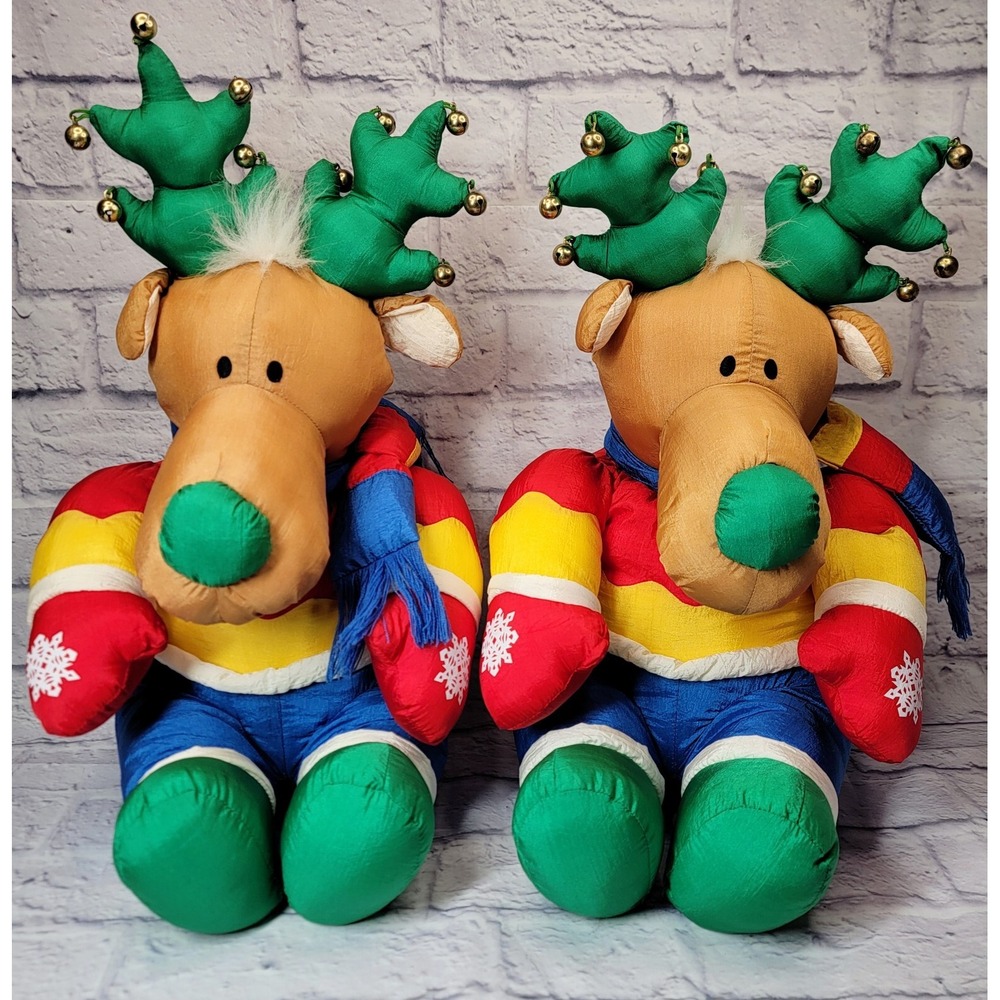 Lot 2 Vintage 80's‎ Christmas Plush Reindeer Stuffed Moose Puffalump Bells Nylon